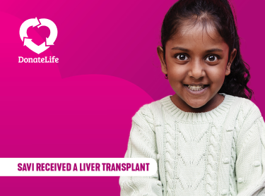 Smiling child next to DonateLife logo encouraging organ donor registration